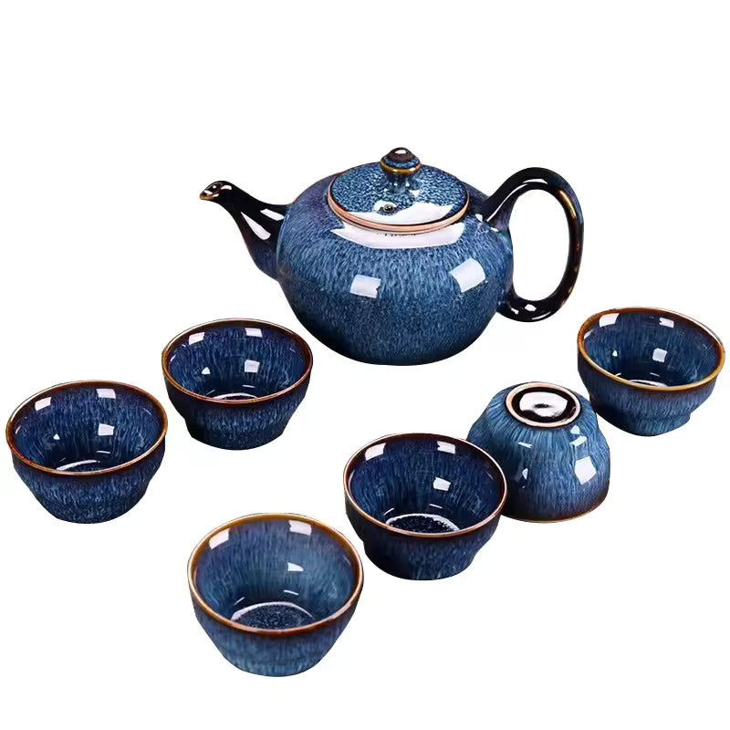 Household Ceramic Kiln Transformation Wire Drawing Process Lifting Beam Teapot Tea Cup 7pcs Tea Set Gift
