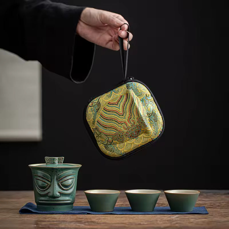 Chinese Style Retro Sanxingdui Portable Ceramics Travel Tea Set Outdoor Tea Maker Minute Maid Cup Gaiwan Ashtray