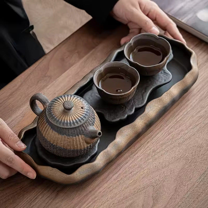 Japanese Gilded Coarse Pottery Tea Tray Zen Tea Making Platform Household Retro Style Tea Set Tray Teaware Kitchen Dining Bar