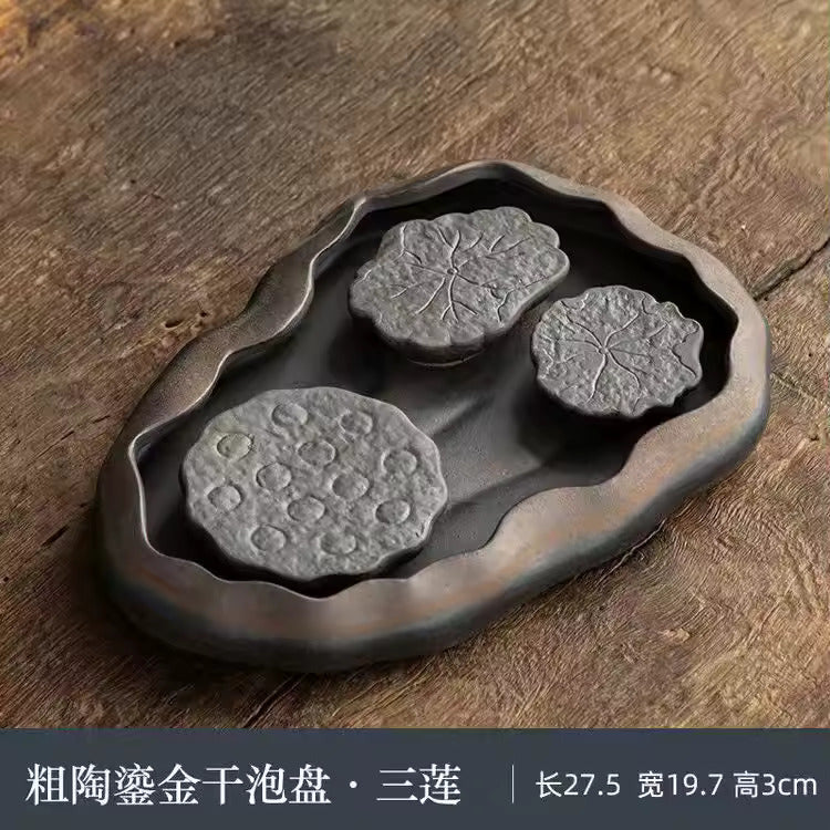 Japanese Gilded Coarse Pottery Tea Tray Zen Tea Making Platform Household Retro Style Tea Set Tray Teaware Kitchen Dining Bar