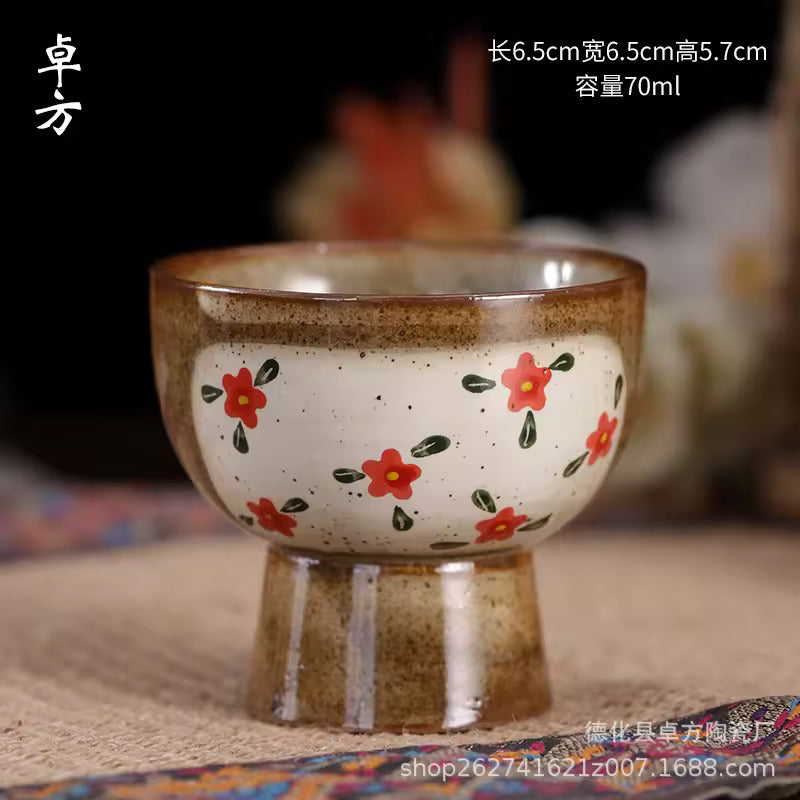 Pure Hand-painted Small Floral Firewood Fired Retro Underglaze Colored Tea Set Chinese Style Kung Fu Tea Set Tea Pot and Cup Set