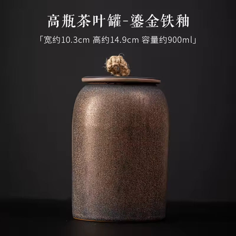 Japanese Style Gilded Iron Glazed Tea Jar Large Sealed Tea Warehouse Ceramic Storage Tank Household Tea Storage Jar