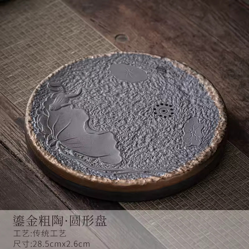 Japanese-style Rough Pottery Kung Fu Tea Set Home Ceramic Tea Tray Water Storage Tea Table Retro Teapot Tea Cup