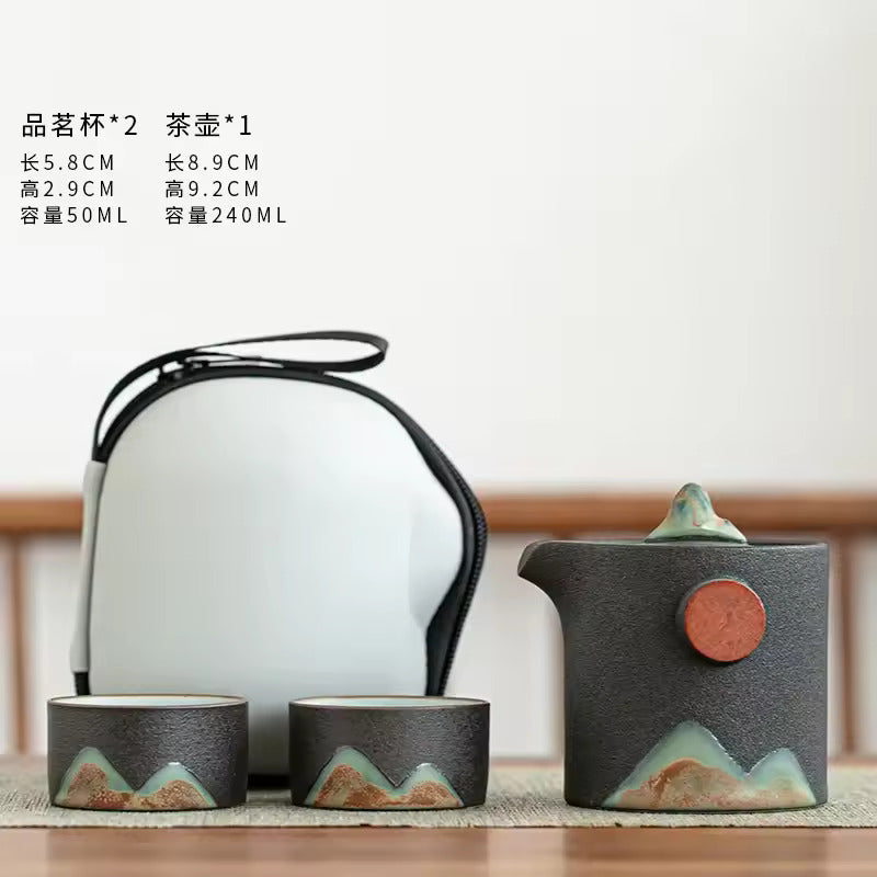 Japanese Style Glazed Painted Remote Mountain Portable Travel Tea Set Vintage Coarse Ceramic Quick Customer Cup Tea Set
