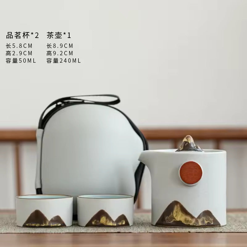 Japanese Style Glazed Painted Remote Mountain Portable Travel Tea Set Vintage Coarse Ceramic Quick Customer Cup Tea Set