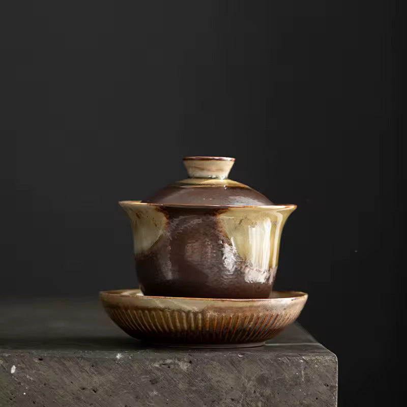 Ceramic Retro Flow Glaze Teapot Cover Bowl Kiln Change Craft Tea Ceremony Accessories Household Creative Handmade Tea Maker