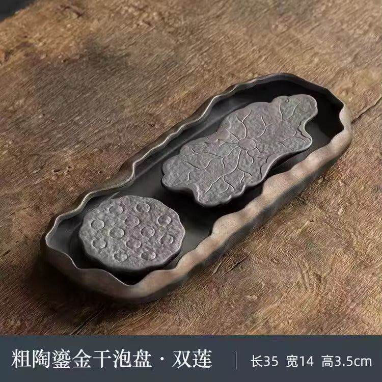 Japanese Gilded Coarse Pottery Tea Tray Zen Tea Making Platform Household Retro Style Tea Set Tray Teaware Kitchen Dining Bar