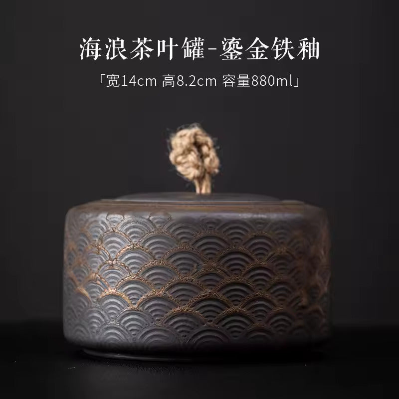 Japanese Style Gilded Iron Glazed Tea Jar Large Sealed Tea Warehouse Ceramic Storage Tank Household Tea Storage Jar