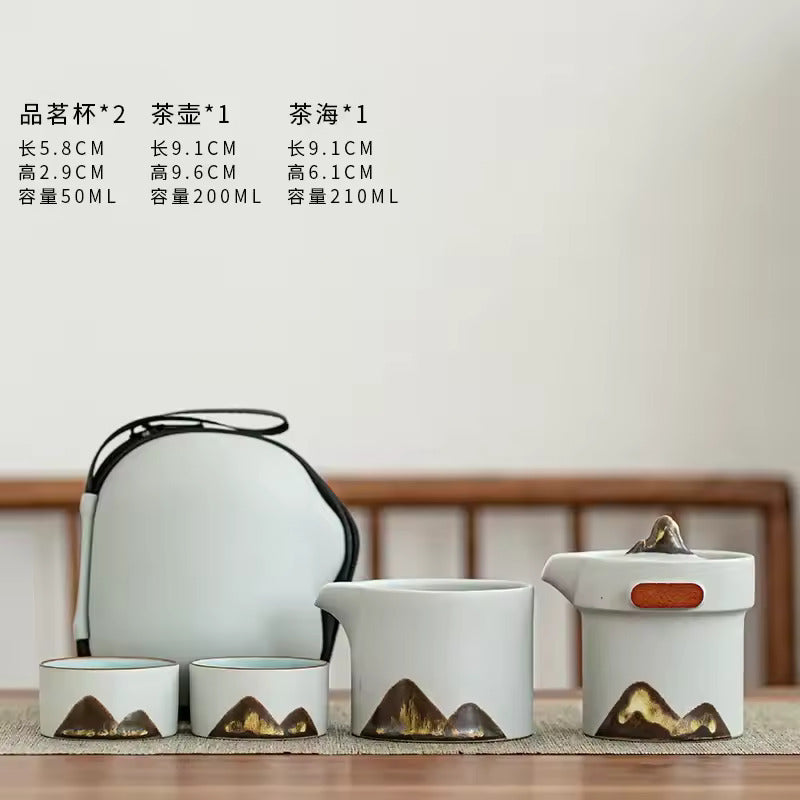 Japanese Style Glazed Painted Remote Mountain Portable Travel Tea Set Vintage Coarse Ceramic Quick Customer Cup Tea Set