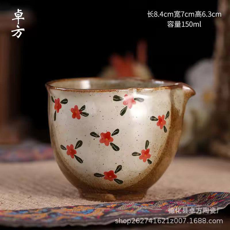 Pure Hand-painted Small Floral Firewood Fired Retro Underglaze Colored Tea Set Chinese Style Kung Fu Tea Set Tea Pot and Cup Set