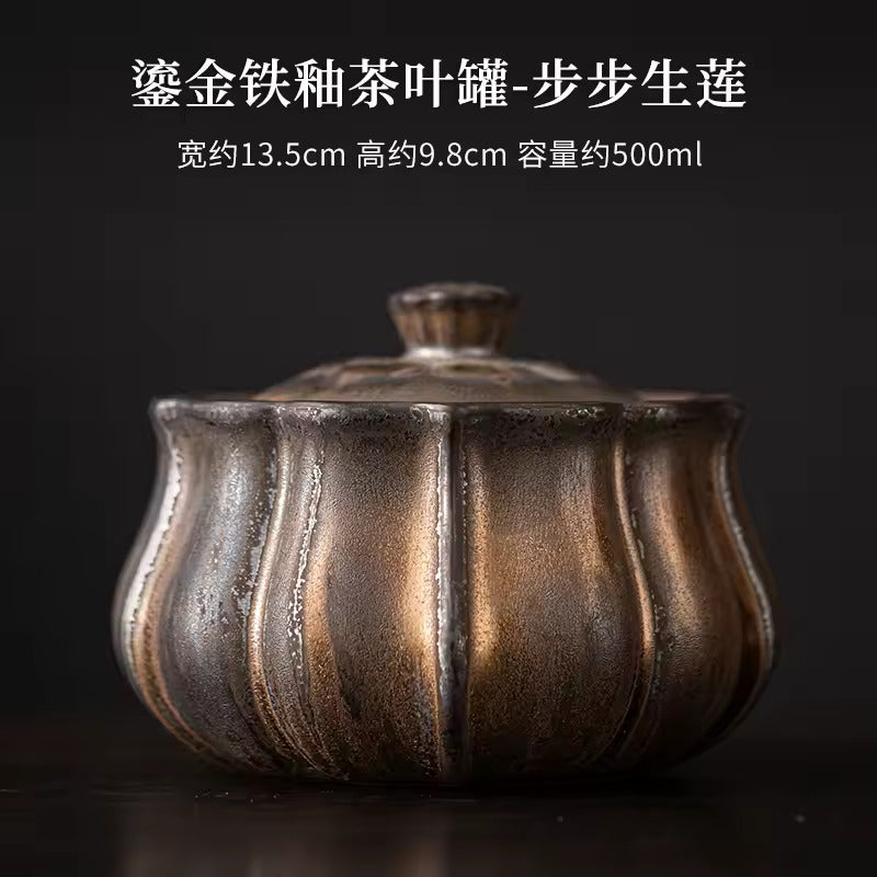 Japanese Style Gilded Iron Glazed Tea Jar Large Sealed Tea Warehouse Ceramic Storage Tank Household Tea Storage Jar