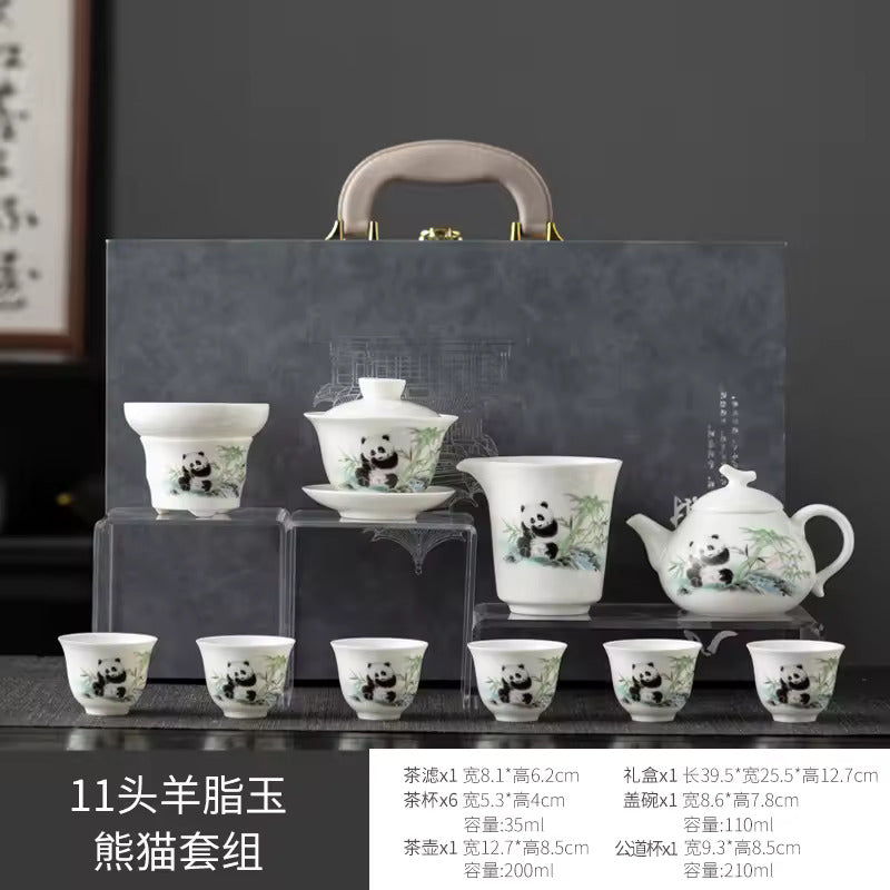 High End Sheep Fat Jade Porcelain Tea Set Home Office Kung Fu Tea Set Panda Tea Brewery Gift Box