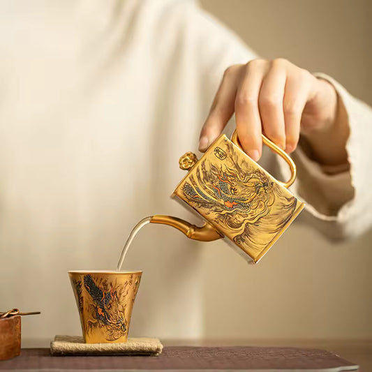 Porcelain Body Gilded Teapot Chinese Vintage Home Brewing Teapot Kung Fu Tea Set Gift Box with Square Pot