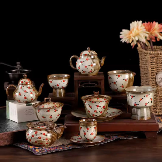 Pure Hand-painted Small Floral Firewood Fired Retro Underglaze Colored Tea Set Chinese Style Kung Fu Tea Set Tea Pot and Cup Set