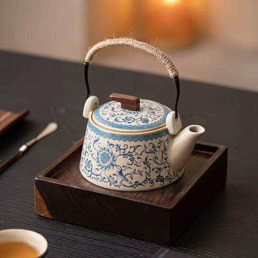 Chinese Ru Kiln Blue and White Teapot Home Vintage Handmade Ceramic Handle Pot Kung Fu Tea Set Tea Infuser