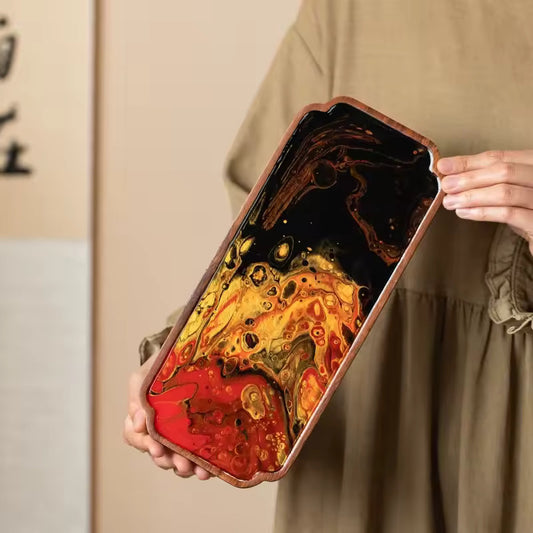 Antique Lacquer Resin Solid Wood Dry Brewed Tea Tray Household Minimalist Tea Table Hand Drawn Tray Tea Ceremony Accessories