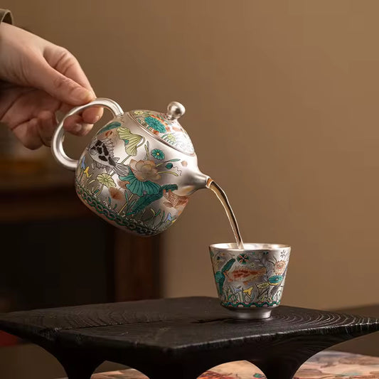 Chinese Enamel Gilt-Silver Teapot Covered Bowl Tea Cup Household Silver Plating Making Tea Kung Fu Tea Set