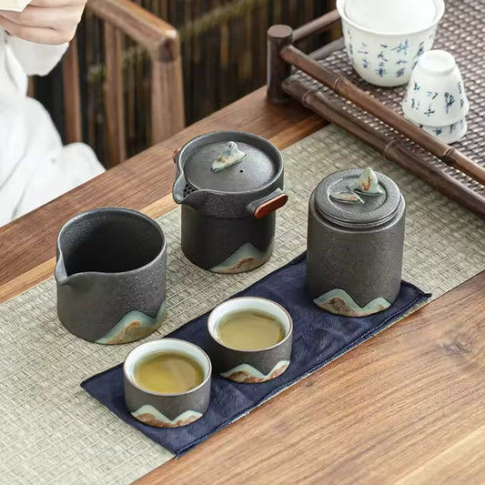 Japanese Style Glazed Painted Remote Mountain Portable Travel Tea Set Vintage Coarse Ceramic Quick Customer Cup Tea Set