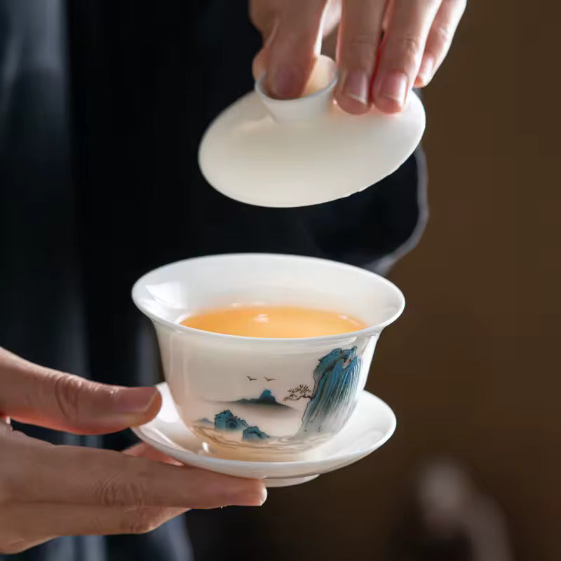 High End Sheep Fat Jade Porcelain Tea Set Home Office Kung Fu Tea Set Panda Tea Brewery Gift Box