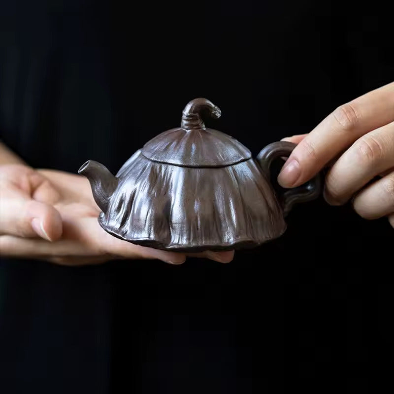 Coarse Pottery Lotus Shaped Biomimetic Teapot Fully Handmade Tea Maker Creative Single Pot for Household Retro Ceramics