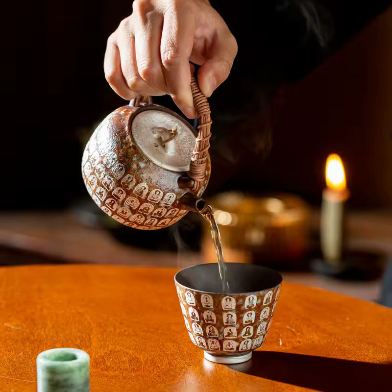 Zen Thousand Buddhas Handmade Lift Beam Pot Household Kung Fu Tea Set Tea Infuser Ceramic Brew Tea Kettle