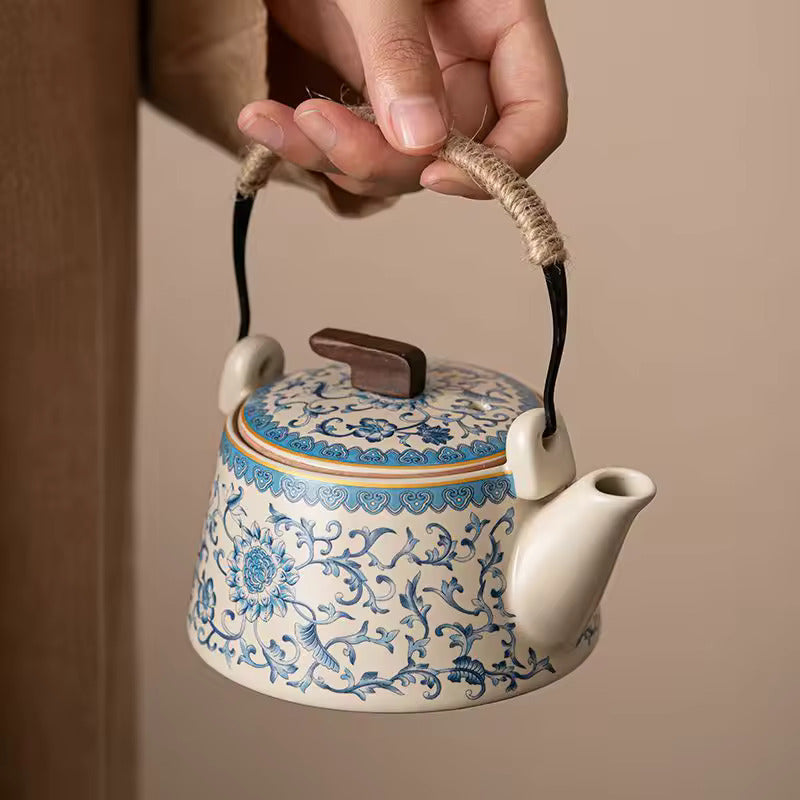 Chinese Ru Kiln Blue and White Teapot Home Vintage Handmade Ceramic Handle Pot Kung Fu Tea Set Tea Infuser