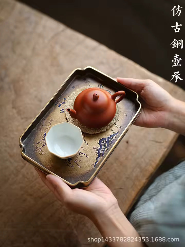 Imitation bronze pot painted Brass Teapot for old bronze plate pot pad manual seal cutting tray tea tray