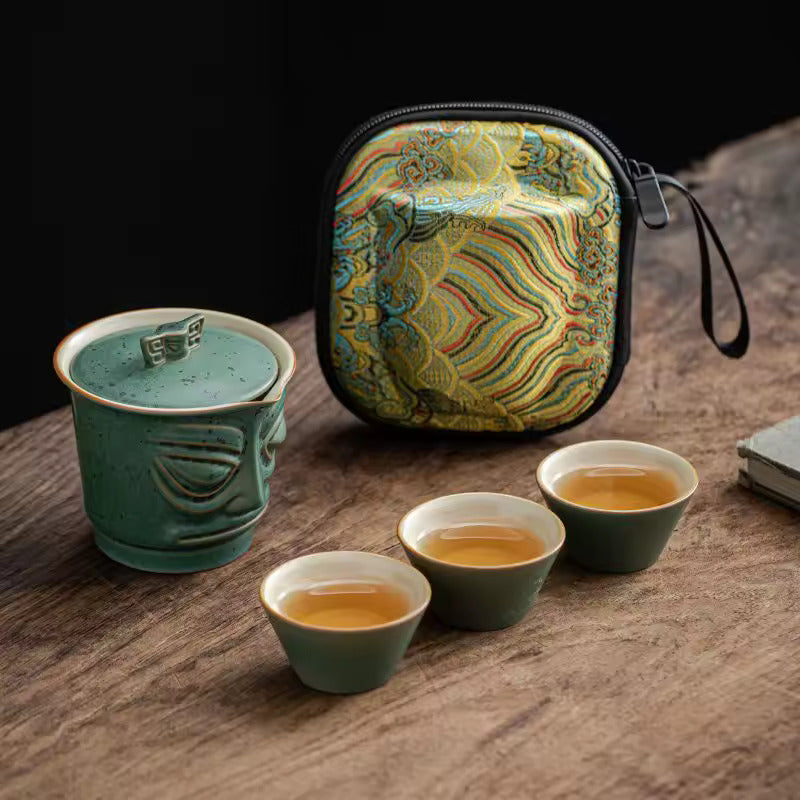 Chinese Style Retro Sanxingdui Portable Ceramics Travel Tea Set Outdoor Tea Maker Minute Maid Cup Gaiwan Ashtray
