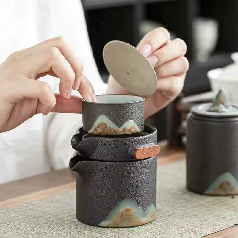 Japanese Style Glazed Painted Remote Mountain Portable Travel Tea Set Vintage Coarse Ceramic Quick Customer Cup Tea Set