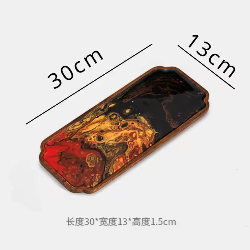 Antique Lacquer Resin Solid Wood Dry Brewed Tea Tray Household Minimalist Tea Table Hand Drawn Tray Tea Ceremony Accessories